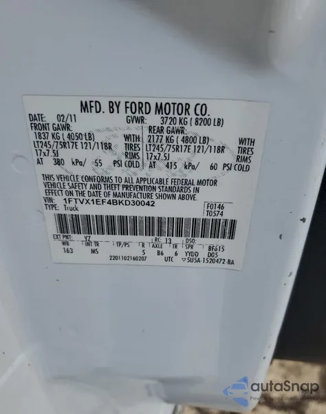 2011 Ford F150 Super Cab z USA, uszkodzony, nr VIN 1FTVX1EF4BKD30042